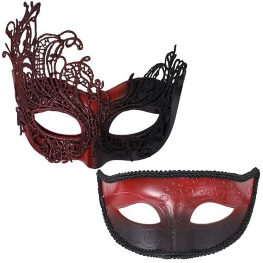 4006 Couple Masquerade Masks Set - 2 Pcs Halloween Black Red Venetian Mask